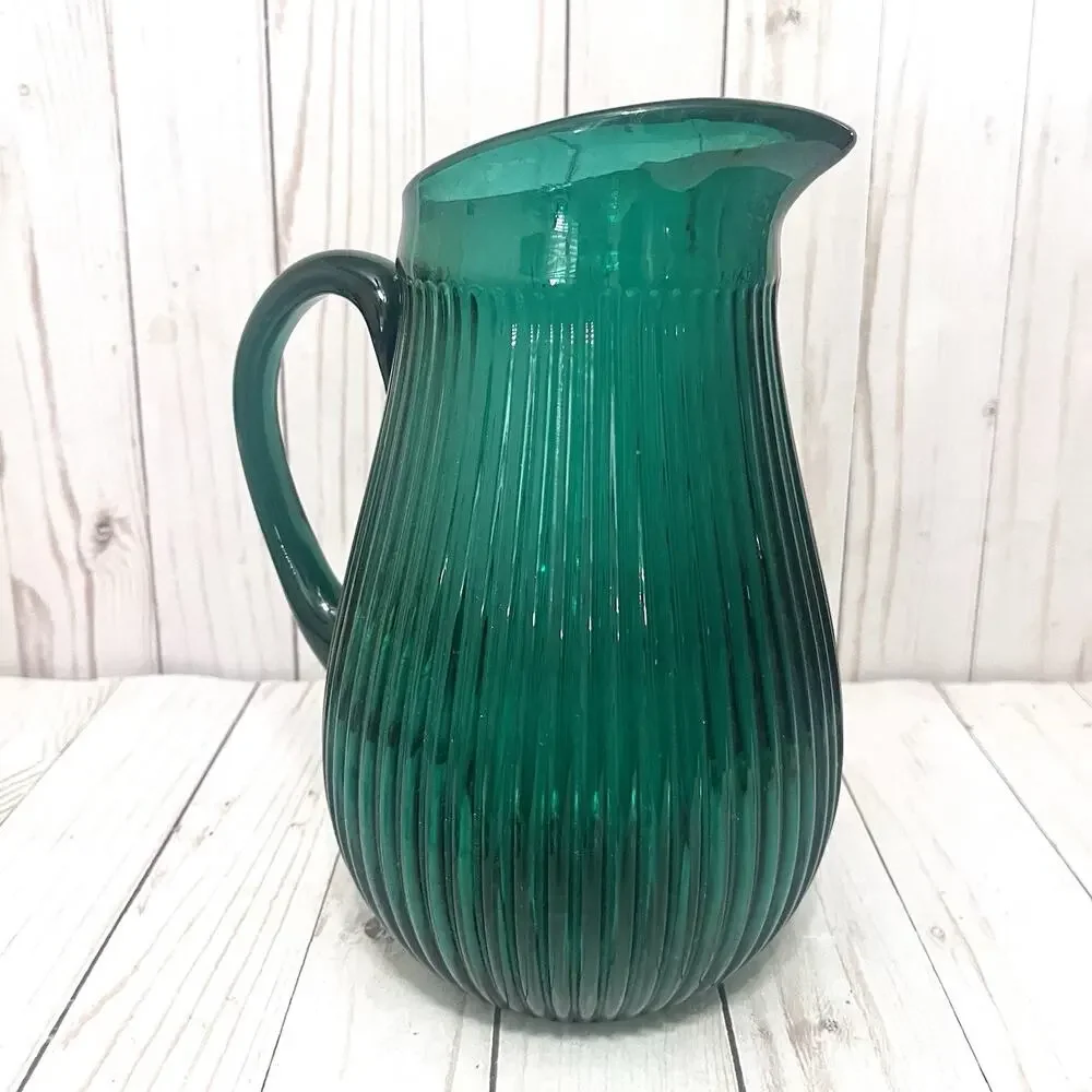 IKEA VINTAGE SALLSKAPLIG Emerald GREEN RIBBED GLASS PITCHER / VASE